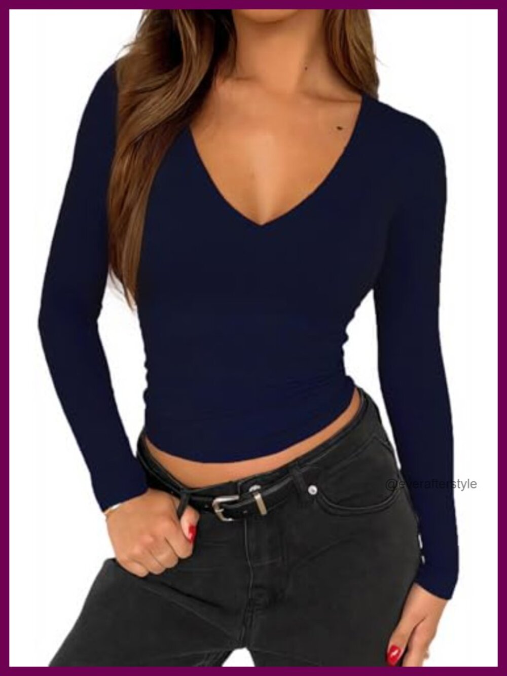 Womens Long Sleeve V Neck Fitted Crop Top Double Lined Going Out Tee